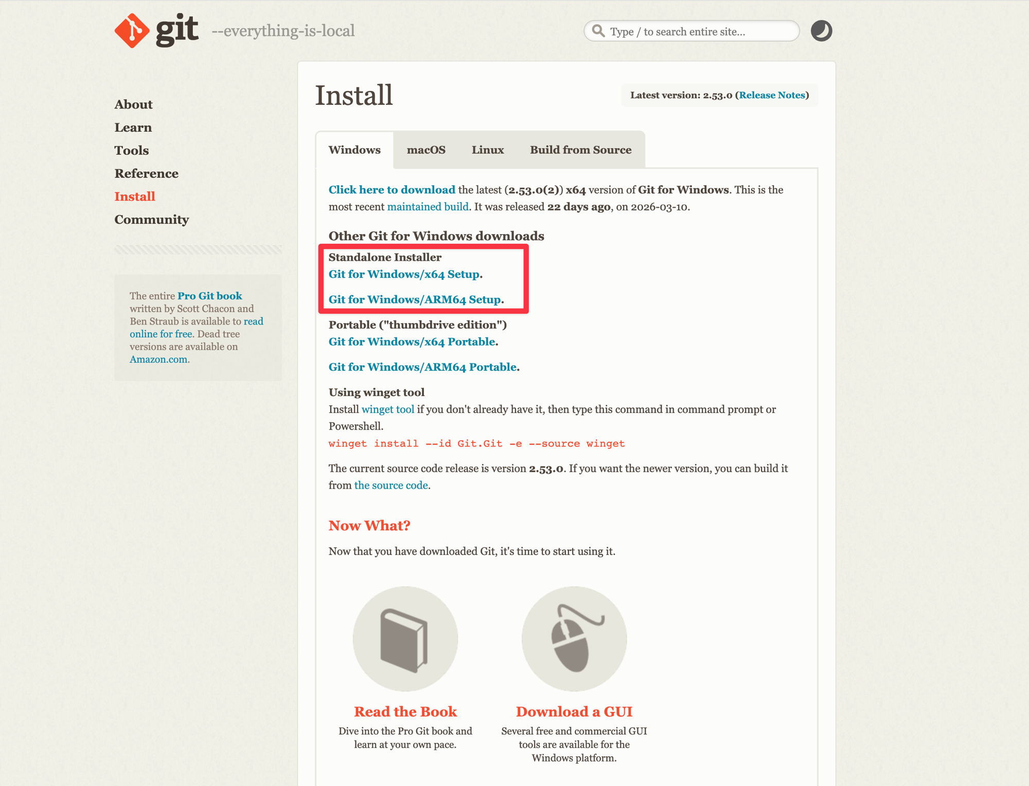Git for Windows 公式ダウンロードページ。Standalone Installer の Git for Windows/x64 Setup をクリックする
